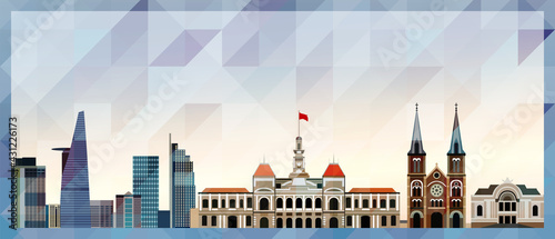 Ho Chi Minh City skyline vector colorful poster on beautiful triangular texture background