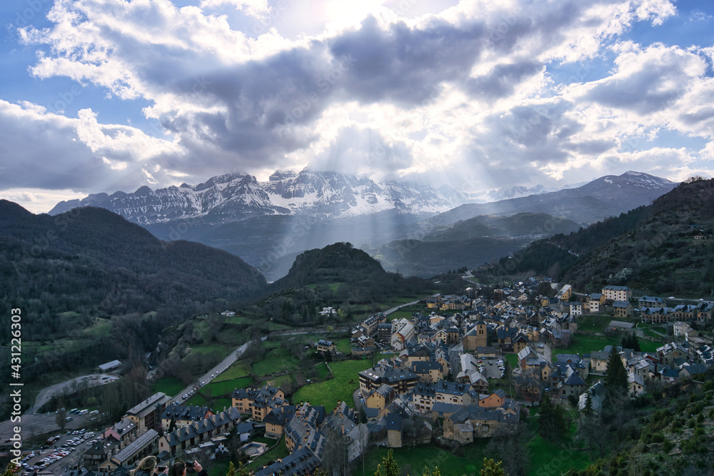 Landscape of a village in the Pyrenees mountains