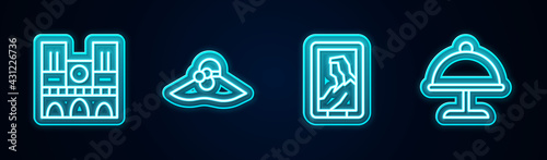 Set line Notre Dame, Elegant women hat, Portrait in museum and Covered with tray. Glowing neon icon. Vector