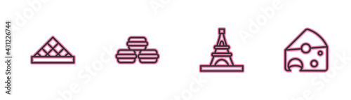 Set line Louvre museum, Eiffel tower, Macaron cookie and Cheese icon. Vector
