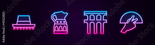 Set line Spanish hat, Sangria pitcher, Aqueduct of Segovia and Fan flamenco. Glowing neon icon. Vector