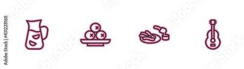 Set line Sangria, Churros and chocolate, Olives on plate and Spanish guitar icon. Vector