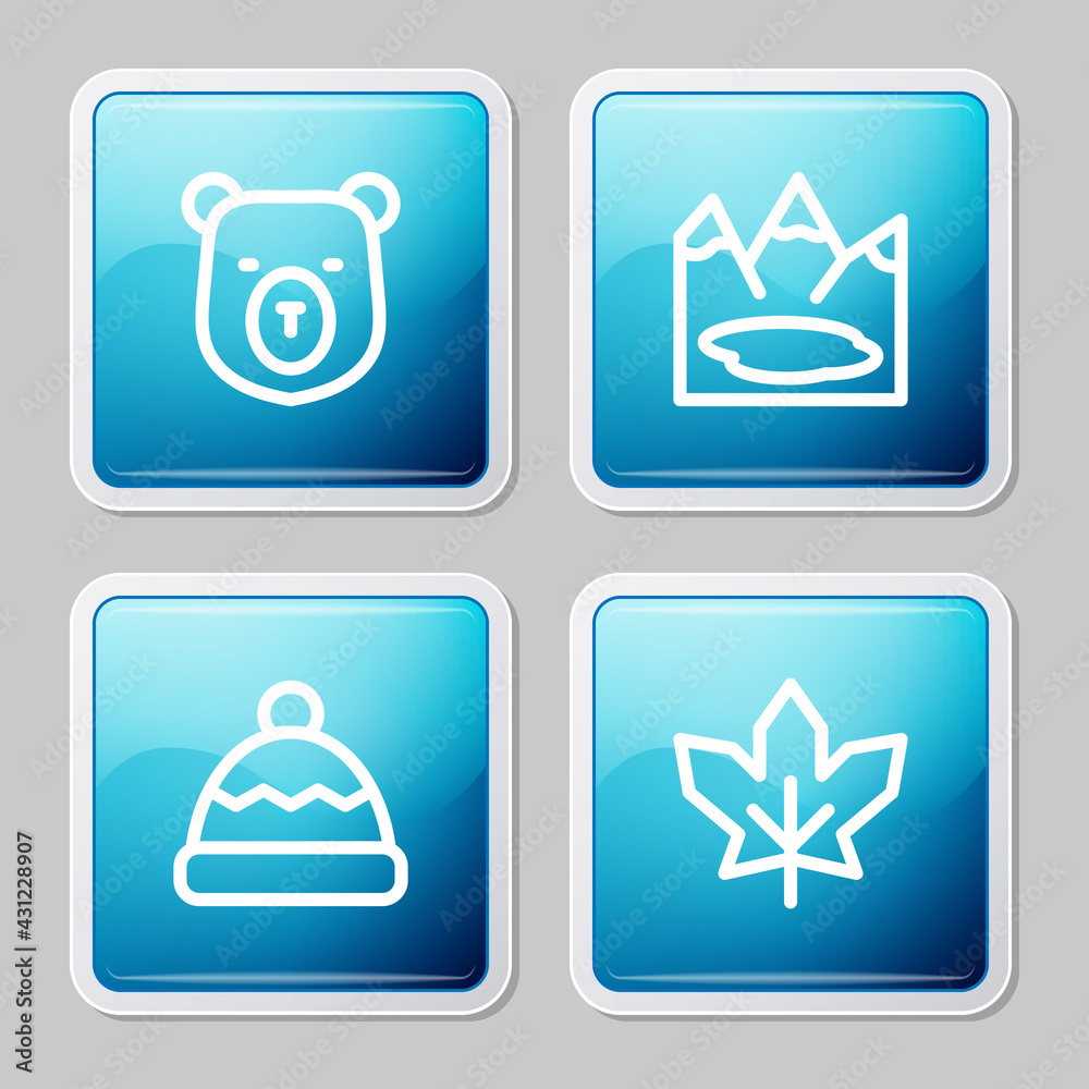 Set line Bear head, Canadian lake, Beanie hat and maple leaf icon. Vector