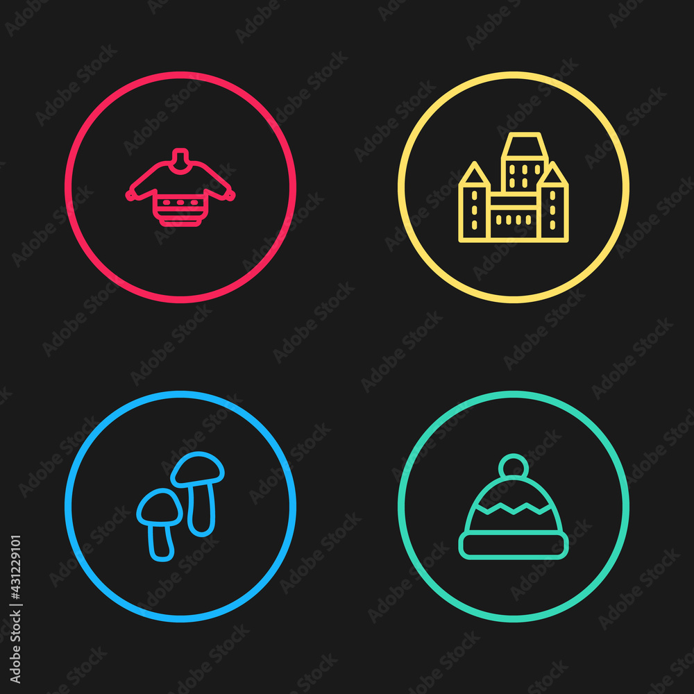 Set line Mushroom, Beanie hat, Chateau Frontenac hotel and Christmas sweater icon. Vector Set line Mushroom, Beanie hat, Chateau Frontenac hotel and Christmas sweater icon. Vector
