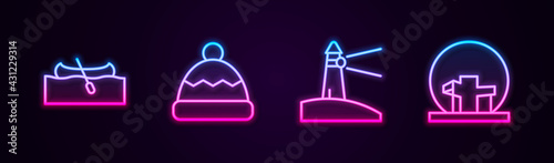 Set line Kayak or canoe, Beanie hat, Lighthouse and Montreal Biosphere. Glowing neon icon. Vector