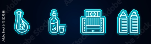 Set line Bandura, Vodka with pepper glass, Hotel Ukraina building and Two towers Dnipro. Glowing neon icon. Vector