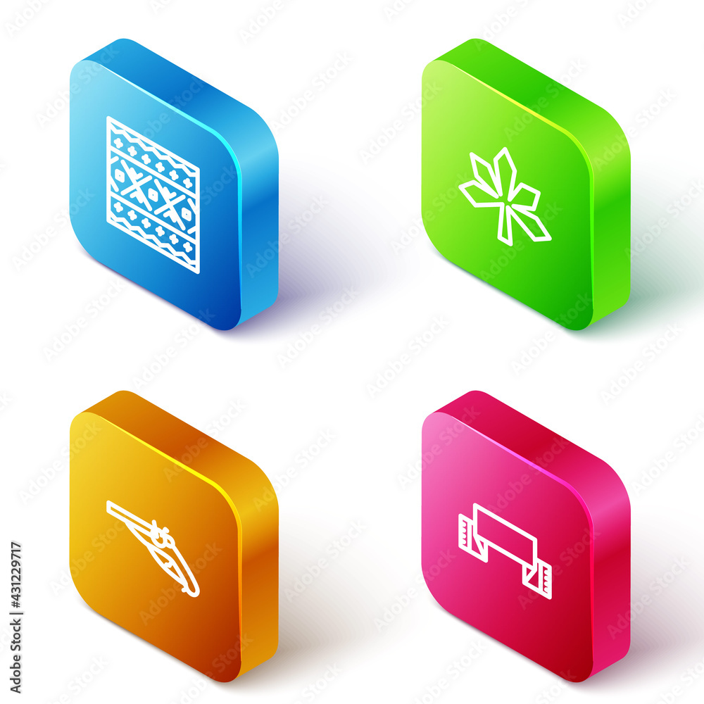 Set Isometric line Ukrainian ethnic pattern, Chestnut leaf, Vintage pistols and Embroidered towel icon. Vector Set Isometric line Ukrainian ethnic pattern, Chestnut leaf, Vintage pistols and Embroidered towel icon. Vector