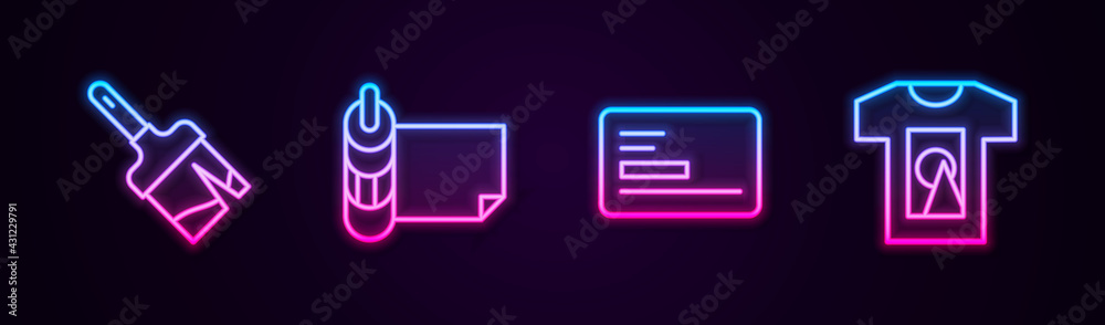 Set line Paint brush, Roll of paper, Business card and T-shirt. Glowing neon icon. Vector Set line Paint brush, Roll of paper, Business card and T-shirt. Glowing neon icon. Vector