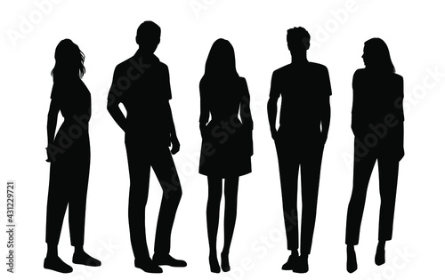 Vector silhouettes of  men and a women, a group of standing  business people, black  color isolated on white background