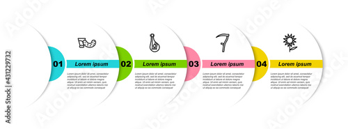Set line Glass with vodka, Bandura, Scythe and Sunflower. Business infographic template. Vector