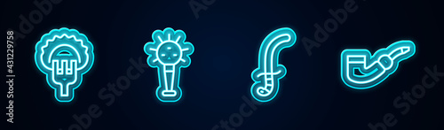 Set line Dumplings on fork, Mace, Medieval sword and Smoking pipe. Glowing neon icon. Vector