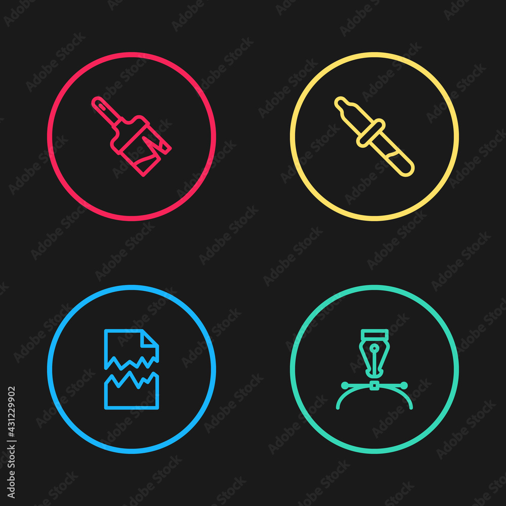 Set line Torn document, Fountain pen nib, Pipette and Paint brush icon. Vector Set line Torn document, Fountain pen nib, Pipette and Paint brush icon. Vector