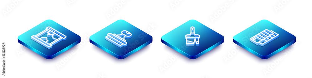 Set Isometric line 3D printer, Stamp, Paint brush and Pantone icon. Vector Set Isometric line 3D printer, Stamp, Paint brush and Pantone icon. Vector