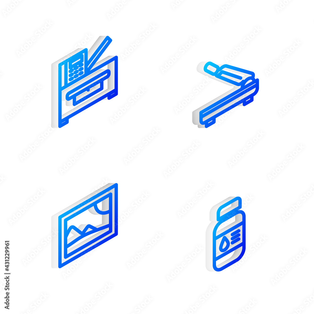 Set Isometric line Paper cutter, Copy machine, Picture landscape and Printer ink bottle icon. Vector Set Isometric line Paper cutter, Copy machine, Picture landscape and Printer ink bottle icon. Vector