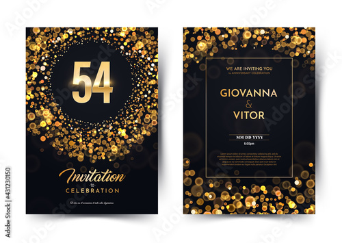 54th years birthday vector black paper luxury invitation double card. Fifty four years wedding anniversary celebration brochure. Template of invitational for print dark background with bokeh lights photo