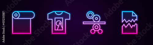 Set line Roll of paper, T-shirt, Paper roll printing press and Torn document. Glowing neon icon. Vector