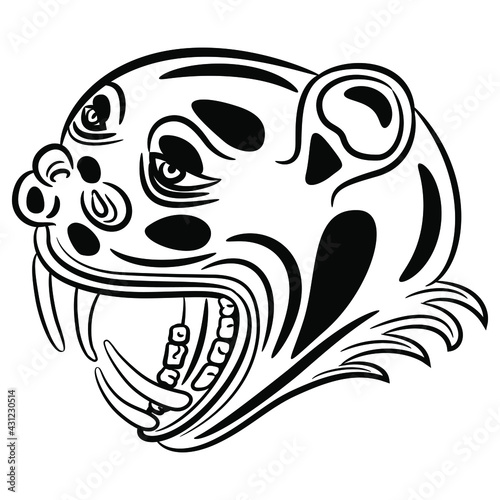 Head of fantastic snarling monster animal. Medieval demon or devil with open mouth and sharp teeth. Black and white silhouette.