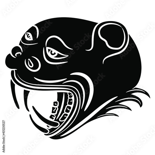 Head of fantastic snarling monster animal. Medieval demon or devil with open mouth and sharp teeth. Black and white silhouette.