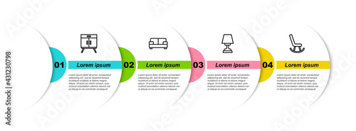 Set line Chest of drawers, Sofa, Table lamp and Armchair. Business infographic template. Vector