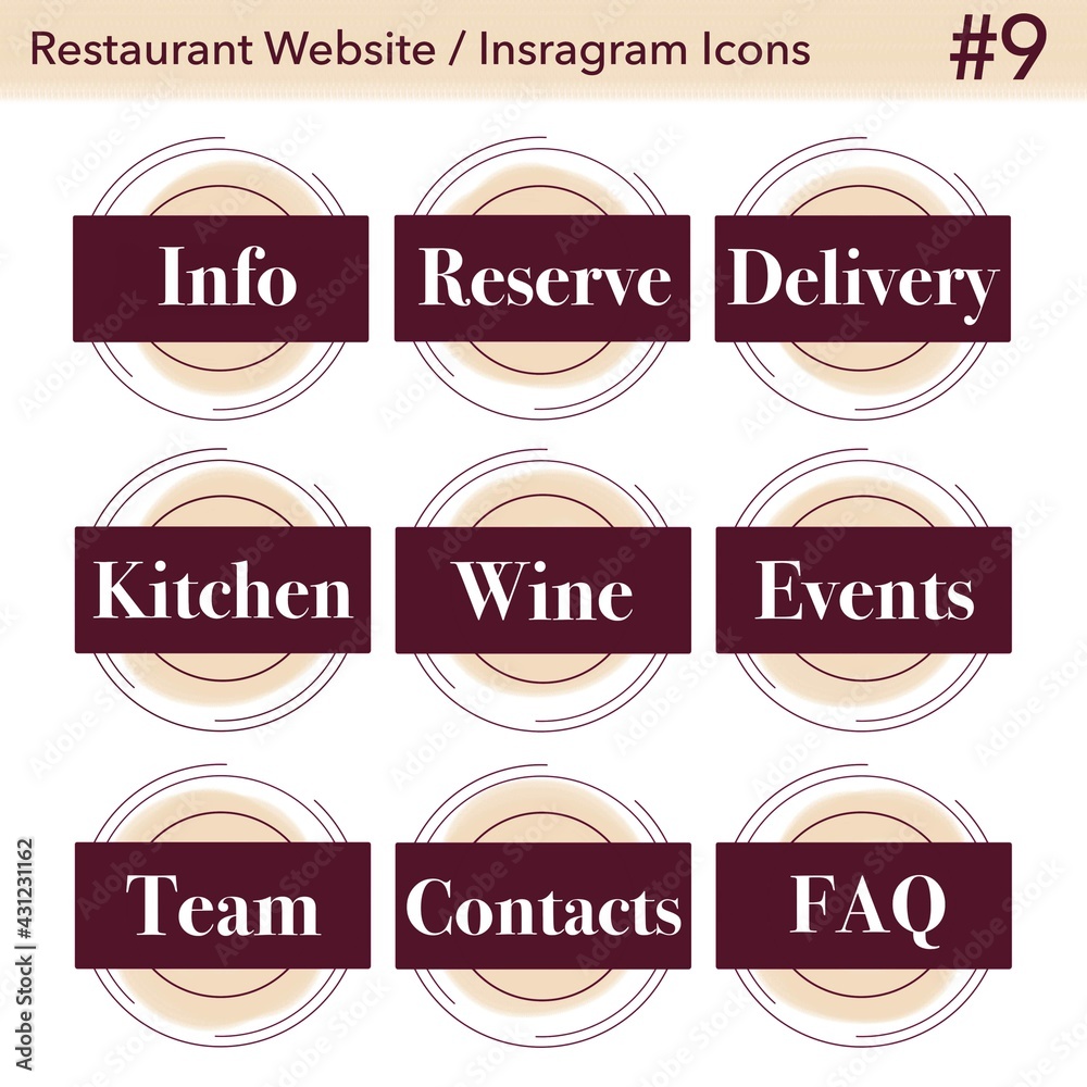 Restaurant business website and instagram icons isolated info reserve delivery kitchen wine events team contacts FAQ