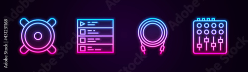 Set line Stereo speaker, Music playlist, Audio jack and Sound mixer controller. Glowing neon icon. Vector