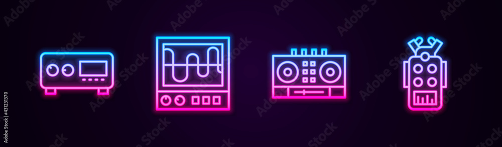 Set line Guitar amplifier, Oscilloscope, DJ remote and mixing music and Microphone. Glowing neon icon. Vector Set line Guitar amplifier, Oscilloscope, DJ remote and mixing music and Microphone. Glowing neon icon. Vector