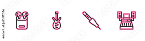 Set line Air headphones in box, Audio jack, Electric bass guitar and Music recording studio icon. Vector