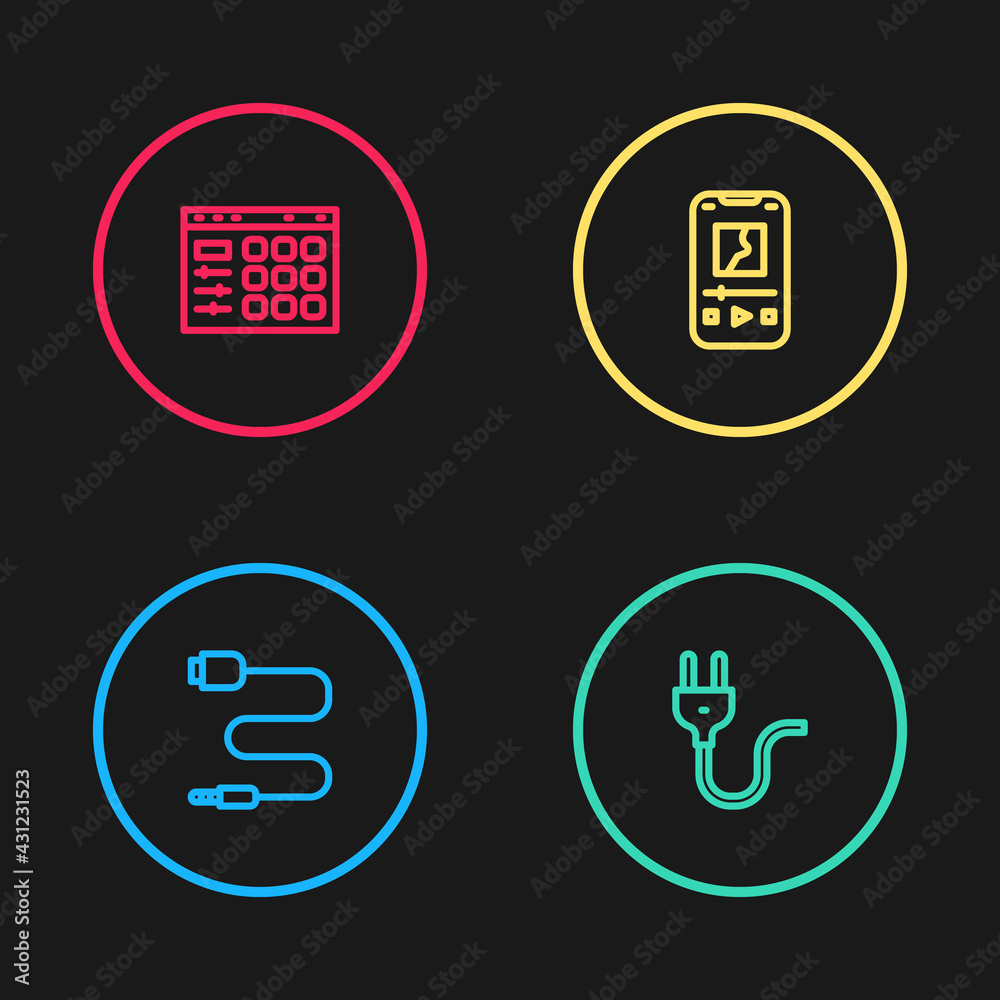 Set line Audio jack, Electric plug, Music player and Drum machine icon. Vector Set line Audio jack, Electric plug, Music player and Drum machine icon. Vector