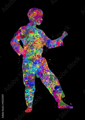 Taekwondo man watercolor art with black background, abstract sport painting. sport art print, watercolor illustration rainbow, colorful, decoration wall art. © Yahya Art