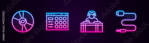 Set line CD or DVD disk, Drum machine, DJ playing music and Audio jack. Glowing neon icon. Vector