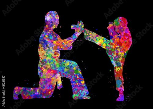 Taekwondo training watercolor art with black background, abstract sport painting. sport art print, watercolor illustration rainbow, colorful, decoration wall art. © Yahya Art