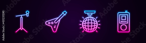 Set line Microphone with stand, Electric bass guitar, Disco ball and Music player. Glowing neon icon. Vector