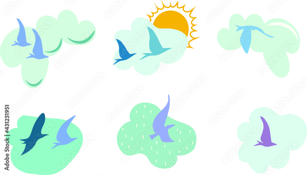 Set of birds flying on clouds. 
Editable Vector illustration. Design for cards, wallpaper, t-shirt apparel clothing or children fabric. 