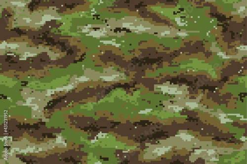 Woodland camouflage seamless pattern incorporating tiny pixels of black, brown, gray and white on a green background.