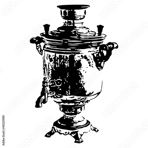 Samovar silhouette Isolated on white. Russian kettle works on firewood. Vector illustration.