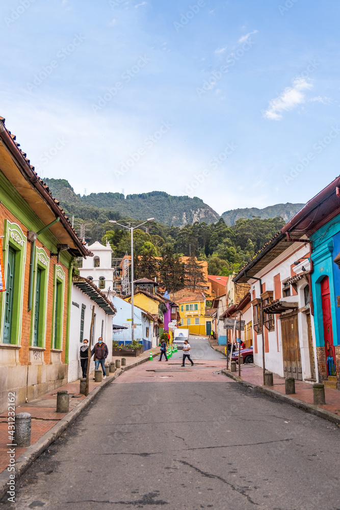 Colourful buildings in the streets of La Candelaria neighborhood in Bogota, Colombia
