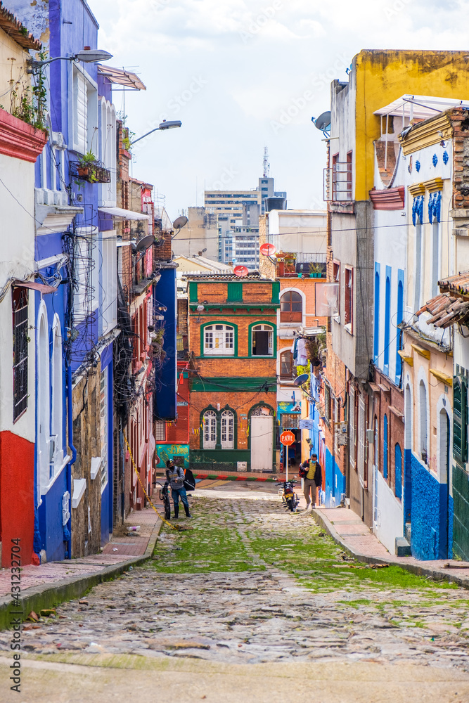 Colourful buildings in the streets of La Candelaria neighborhood in Bogota, Colombia