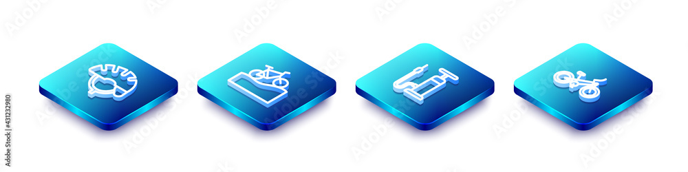 Set Isometric line Bicycle helmet, Mountain bicycle, air pump and icon. Vector Set Isometric line Bicycle helmet, Mountain bicycle, air pump and icon. Vector