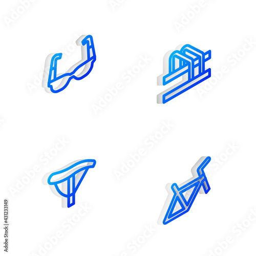 Set Isometric line Bicycle parking, Sport cycling sunglasses, seat and frame icon. Vector