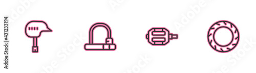 Set line Bicycle helmet, pedal, lock and wheel tire icon. Vector