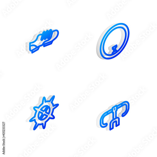 Set Isometric line Bicycle wheel, shoes, sprocket crank and handlebar icon. Vector