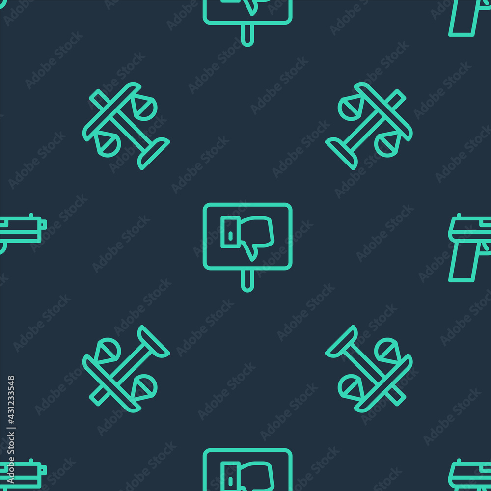 Set line Protest, Scales of justice and Pistol or gun on seamless pattern. Vector Set line Protest, Scales of justice and Pistol or gun on seamless pattern. Vector