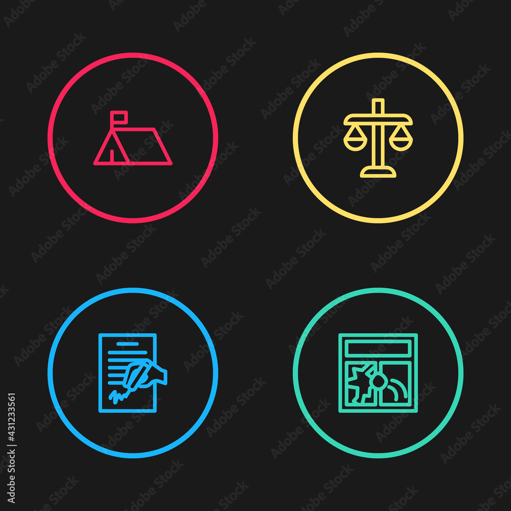 Set line Petition, Broken window, Scales of justice and Protest camp icon. Vector