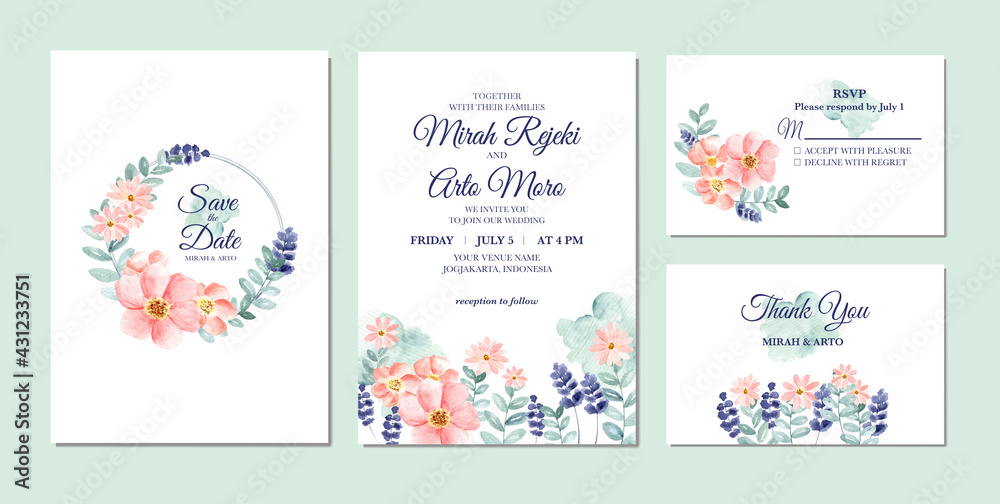 Hand painted of floral watercolor wedding invitation
