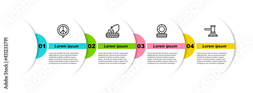 Set line Peace, Lying burning tires, and Judge gavel. Business infographic template. Vector
