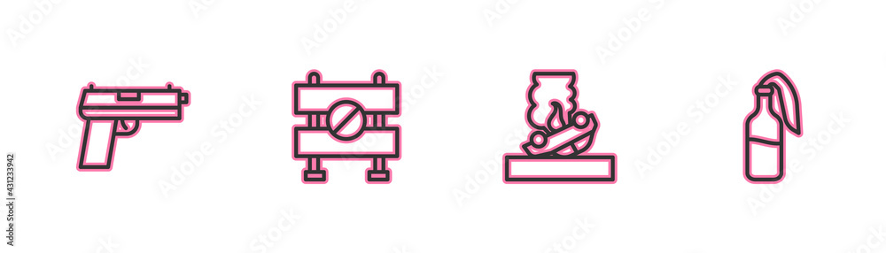 Set line Pistol or gun, Burning car, Road barrier and Cocktail molotov icon. Vector Set line Pistol or gun, Burning car, Road barrier and Cocktail molotov icon. Vector