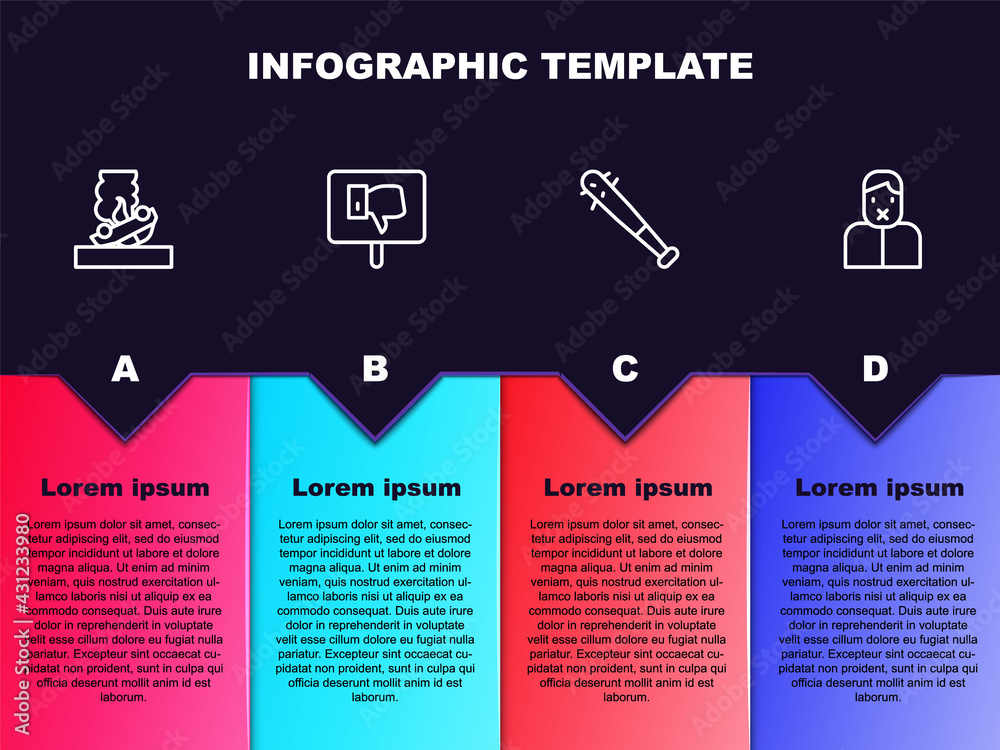 Set line Burning car, Protest, Baseball bat with nails and Censor and freedom of speech. Business infographic template. Vector Set line Burning car, Protest, Baseball bat with nails and Censor and freedom of speech. Business infographic template. Vector