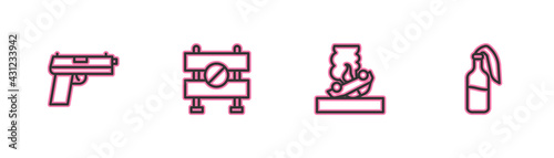 Set line Pistol or gun, Burning car, Road barrier and Cocktail molotov icon. Vector