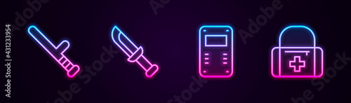 Set line Police rubber baton, Military knife, assault shield and First aid kit. Glowing neon icon. Vector