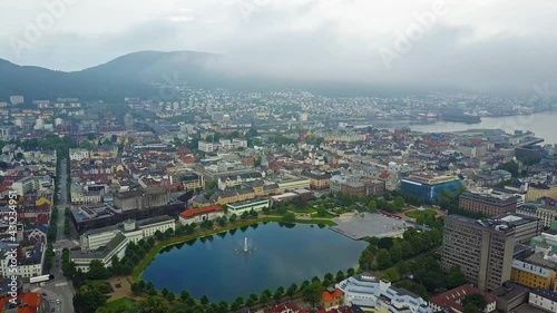 Lille Lungegardsvannet or Smalungeren aerial view, a small lake in the centre of Bergen city in Hordaland county, Norway photo